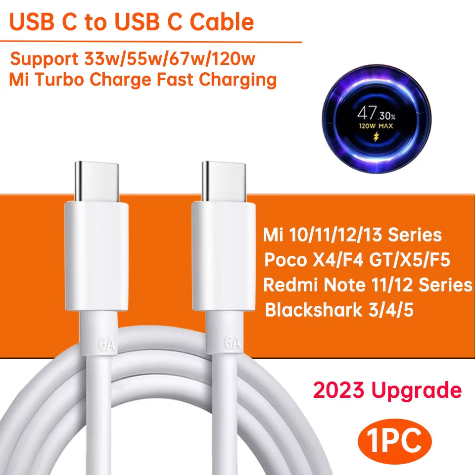 Original Usb Type C Cable 120W 67W Turbo Fast Charger Mi 15 14 13 12T Pro 12 11 Ultra Poco X6 X7 Redmi Note Black Shark 5