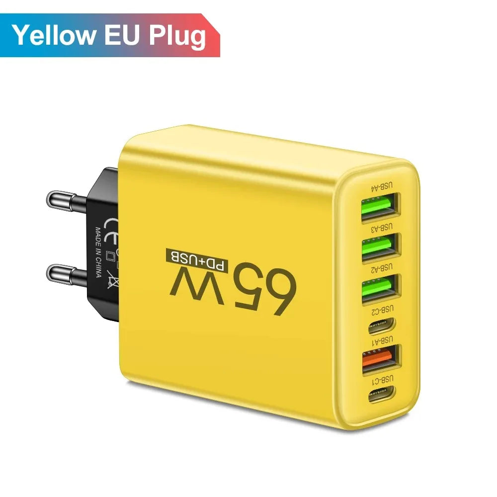 65W USB Phone Charger 6 Ports Type C Fast Charging QC3.0 for Iphone Samsung Xiaomi EU/US Plug Quick Charge Wall Chargers Adapter