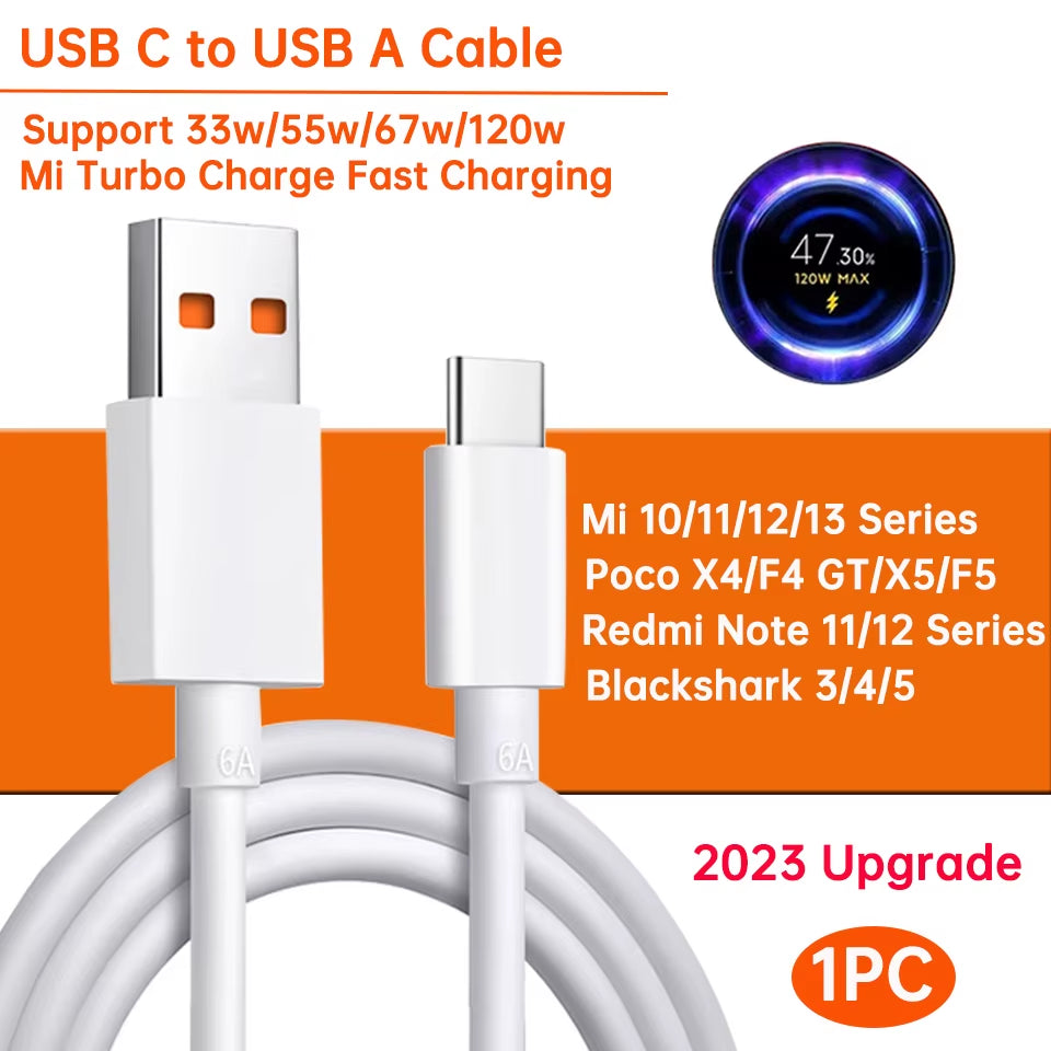 Original Usb Type C Cable 120W 67W Turbo Fast Charger Mi 15 14 13 12T Pro 12 11 Ultra Poco X6 X7 Redmi Note Black Shark 5