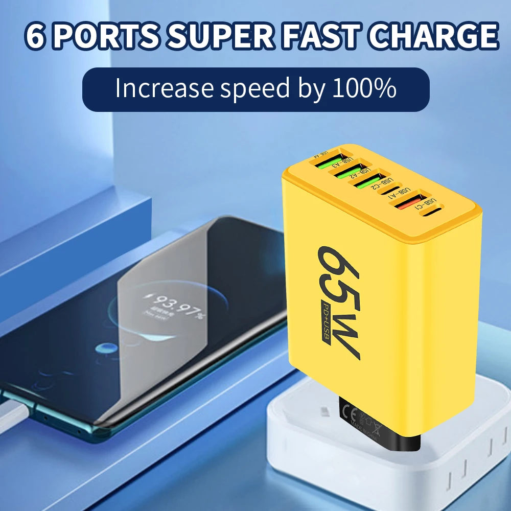 65W USB Phone Charger 6 Ports Type C Fast Charging QC3.0 for Iphone Samsung Xiaomi EU/US Plug Quick Charge Wall Chargers Adapter