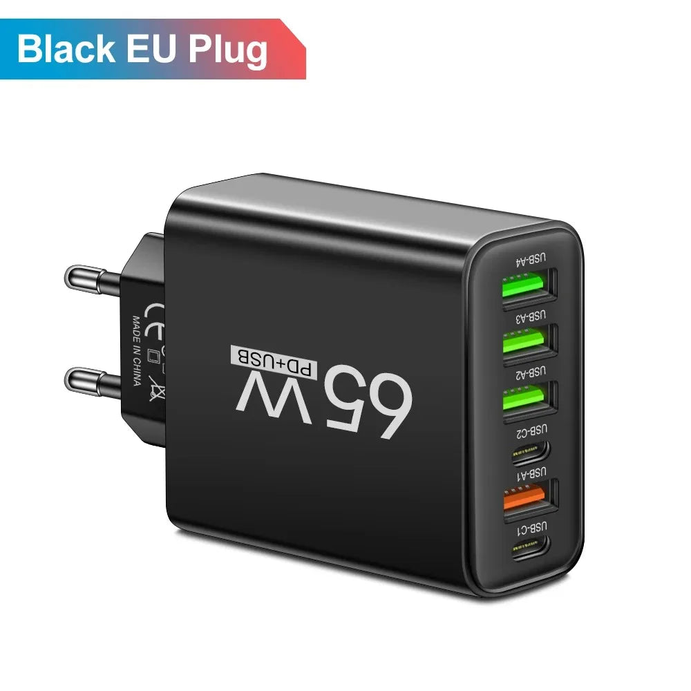 65W USB Phone Charger 6 Ports Type C Fast Charging QC3.0 for Iphone Samsung Xiaomi EU/US Plug Quick Charge Wall Chargers Adapter
