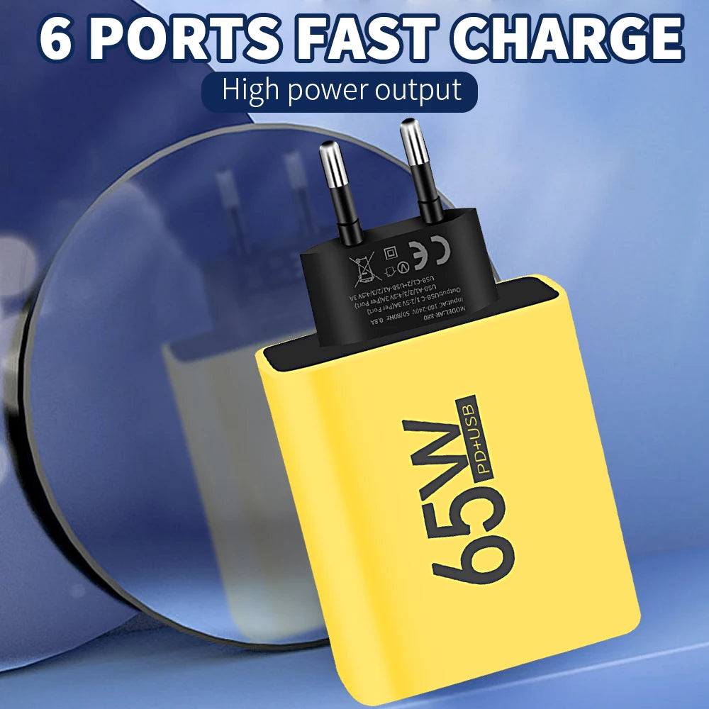 65W USB Phone Charger 6 Ports Type C Fast Charging QC3.0 for Iphone Samsung Xiaomi EU/US Plug Quick Charge Wall Chargers Adapter