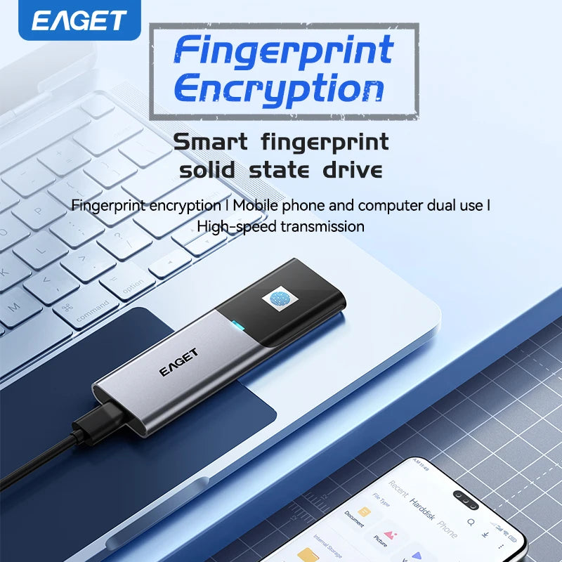 Fingerprint Encryption Portable SSD 1TB 2TB USB3.2 Type C Solid State Drive for PS5 PS4 Laptop Macbook External Hard Drive