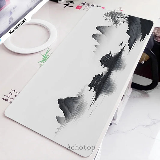 Black and White Laptop Gamer Mousepad Gaming Mouse Pad Ink and Wash Large Rug Locking Edge Keyboard 100X50Cm Desk Mat for CSGO