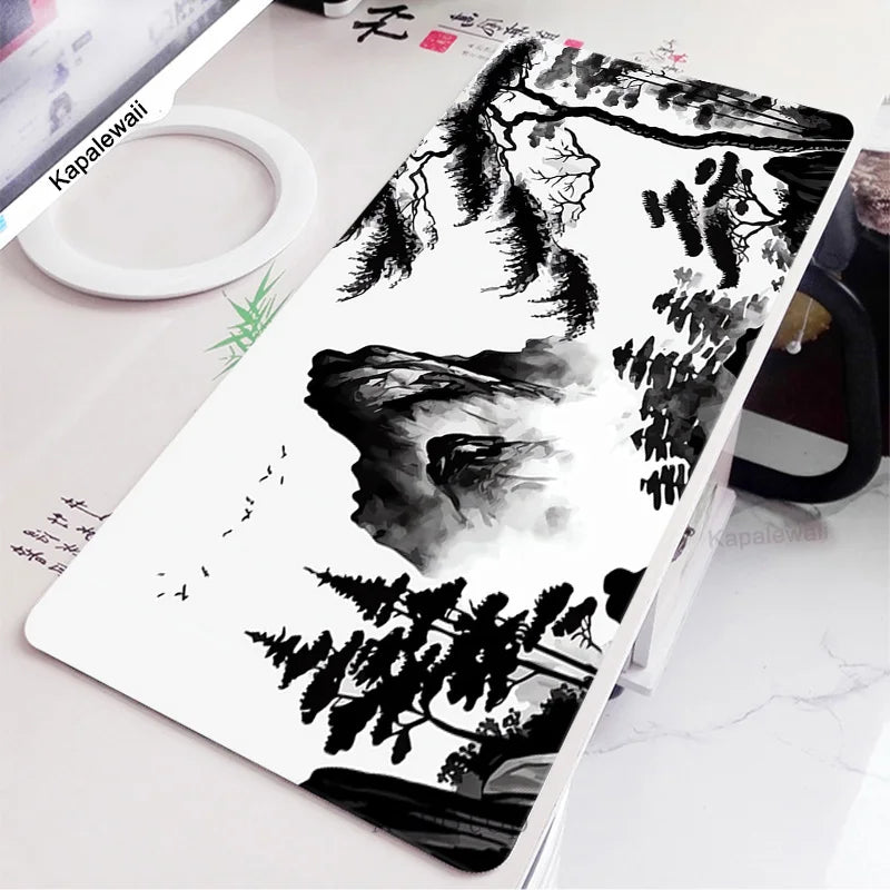 Black and White Laptop Gamer Mousepad Gaming Mouse Pad Ink and Wash Large Rug Locking Edge Keyboard 100X50Cm Desk Mat for CSGO
