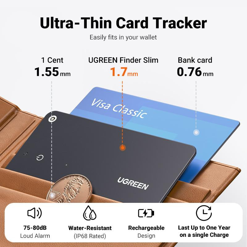 UGREEN Finetrack Slim Smart Finder Compatible with Apple Find My (Ios Only), Wallet Finder, IP68 Waterproof Rechargeable Bluetooth Tracker Card-Deals for You,September Restock